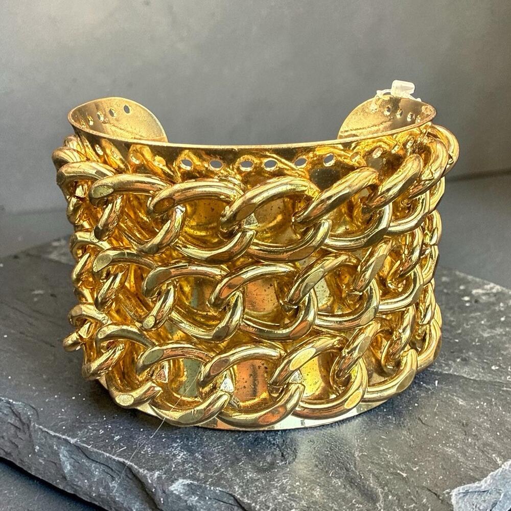 Vintage Gold Tone Multi Row Chain Link Cuff Bracelet Chunky 1980s Statement Wide